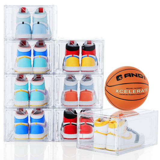8 Pack Thicken Shoe Storage Organizer, Clear & Sturdy Shoe Boxes Stackable for Closet, Foldable Space-saving Bins for Sneaker Boot Container, Display Shoe Case with Magnetic Door, White